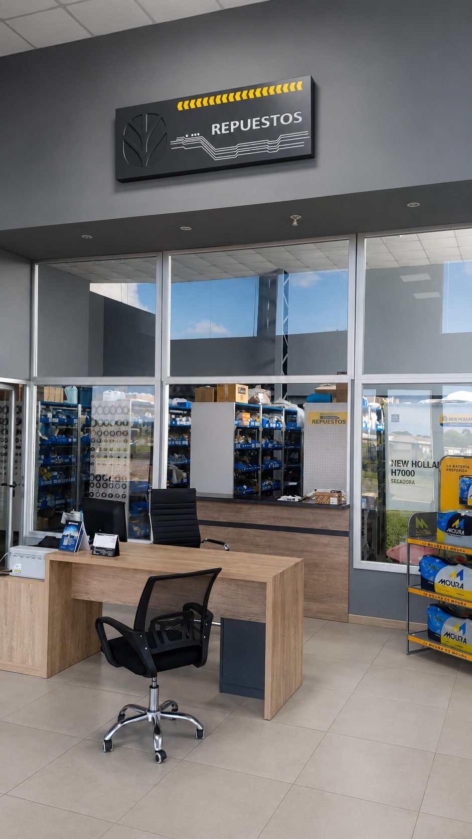 Mostrador de repuestos de Santichia — New Holland, baterías Moura y amplio stock